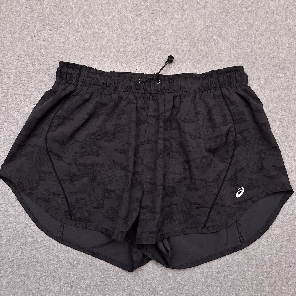 ASICS Piped Run Running Shorts Womens Large Gray Camo Lightweight 2.5" Stretch